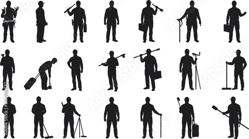 Silhouettes of male construction and maintenance workers with tools, hard hats, safety gear, professional labor, building site, industrial work, equipment