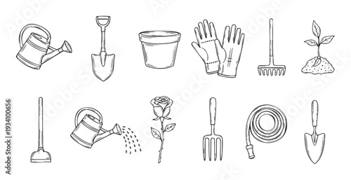 Hand drawn collection of gardening tools and plants like watering cans shovels gloves rake and seedling ideal for spring planting and horticulture projects