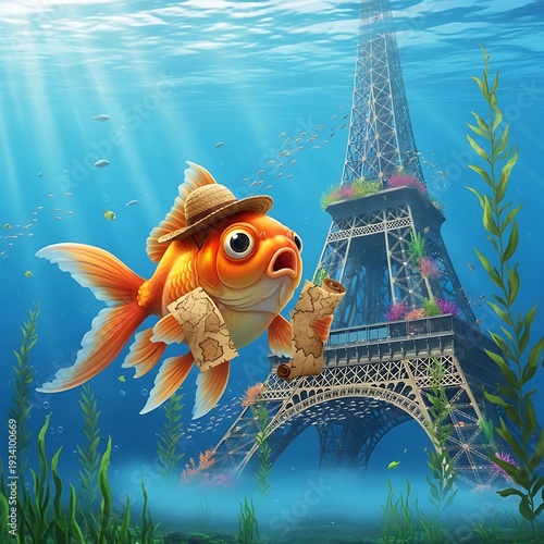 A cartoon goldfish wearing a hat swims near the Eiffel Tower underwater