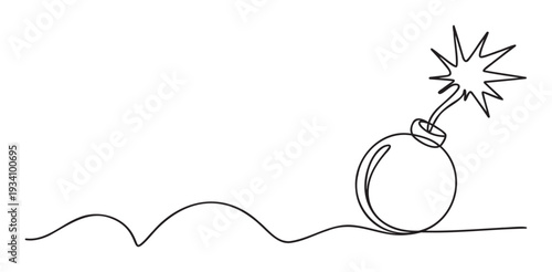 Continuous line drawing of a bomb with a sparking fuse illustrating an urgent situation or immediate threat perfect for presentations, educational materials, or a striking graphic in any