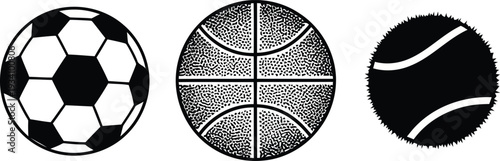 Black and white illustrations of soccer ball basketball and tennis ball