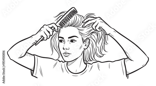 Young woman using a comb to style her mediumlength hair, representing selfcare and hair routine concepts for beauty blogs, personal grooming guides, or health and wellness publications.