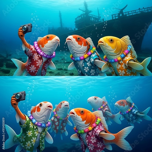 A group of colorful fish wearing Hawaiian shirts and leis underwater near a sunken ship