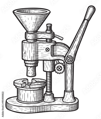 Vintage mechanical press machine with a funnel and lever operating mechanism, ideal for industrial historical concepts, manufacturing processes, or engineering equipment displays.