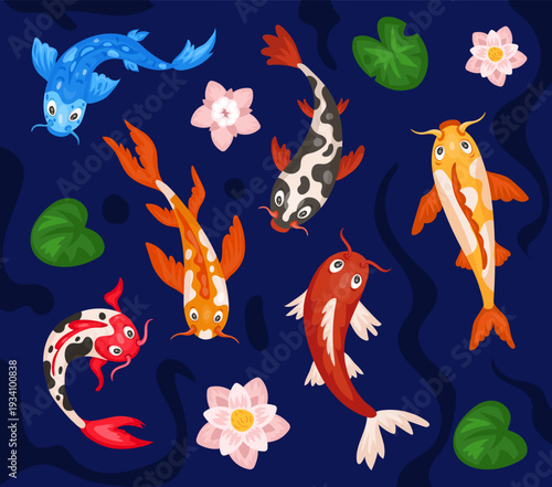 Koi fish in pond. Top view of river. Japanese water animal. Asian carp swimming with leaves. Traditional waterlily oriental goldfish. Vector design tidy marine cartoon flat style isolated illustration