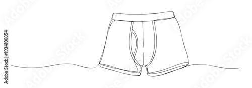Continuous single line drawing of mens boxer briefs representing a minimalist underwear concept for apparel branding and essential clothing product promotions