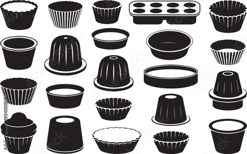 Black and white of various cupcake liners and baking molds
