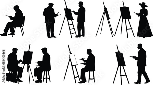 Silhouette set of artists painting on easels, male and female painters drawing on canvas, studio scene illustration, vector artwork clipart