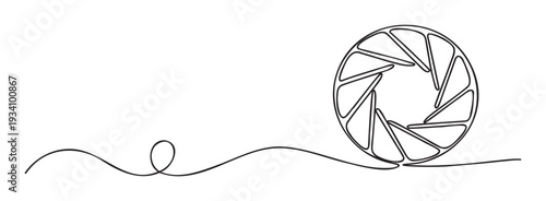 Minimalist one line illustration of an open camera lens diaphragm connecting to a fluid wavy path, ideal for modern graphic media and photography themed projects.