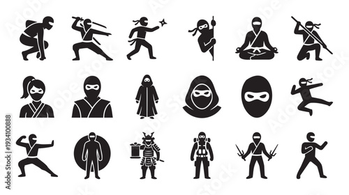 Ninja warrior icon set depicting stealthy martial arts practitioners in various dynamic poses and traditional costumes for game development, app interfaces, or cultural themed projects