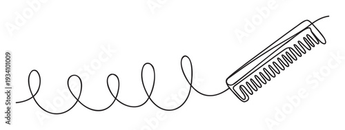 Minimalist continuous line drawing of a hair comb connected by a flowing spiral shape, ideal graphic resource for beauty salon branding, hair care product packaging, or modern spa