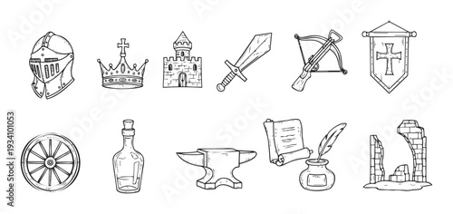 Hand drawn outline medieval icons depicting armor, crowns, castles, weapons, and historical tools, suitable for adventure game assets or educational content.