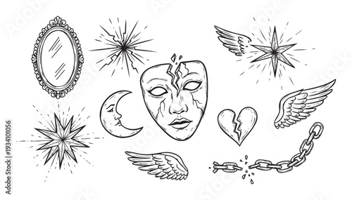 Symbolic monochrome collection featuring a broken mirror, cracked mask, fragmented heart, shattered chain, crescent moon, shining stars, and majestic wings, ideal for emotional or mystical