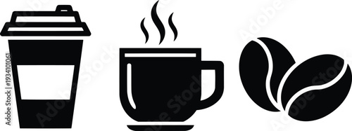 Black coffee cup steaming and takeaway cup with coffee beans