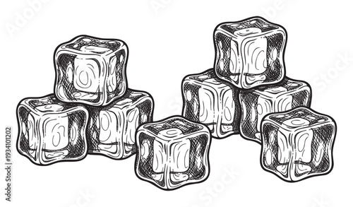 Cool refreshing ice cubes in a sketch style perfect for beverage menus, food packaging, and drink advertisements requiring a handdrawn frosty look.