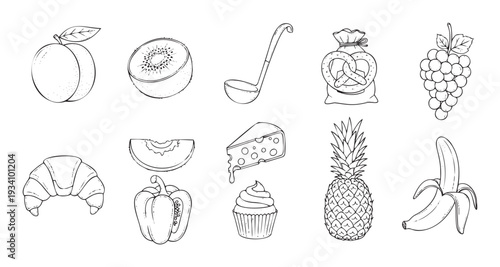Black and white outline drawing of various food items including fruits, vegetables, pastries, and a kitchen utensil, perfect for cooking blogs, educational materials, or recipe books