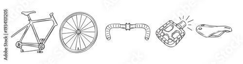 Various bicycle components and parts including frame, wheel, handlebars, pedal, and saddle for cycling enthusiasts, repair shops, or athletic promotion.