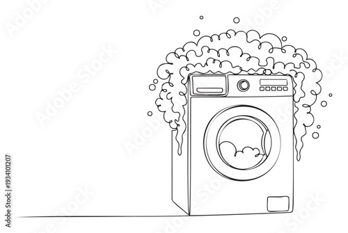 A single continuous line drawing illustrates a modern frontloading washing machine overflowing with excessive suds and bubbles, perfect for household appliance advertisements or laundry