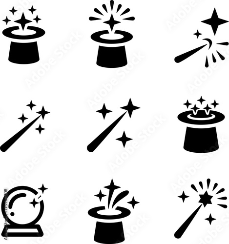 Magician hat and magic wand icon set, black fantasy spell symbols with stars, isolated flat vector illustration