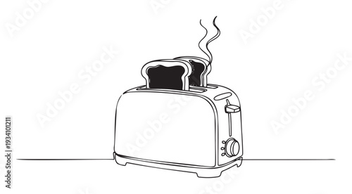 Continuous line graphic depicting a modern kitchen toaster with two freshly toasted bread slices releasing steam, perfect for food preparation and morning routine projects.