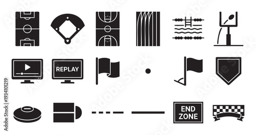 Collection of solid glyph icons featuring diverse sports fields game equipment and digital media elements ideal for modern website design mobile application interfaces and infographic