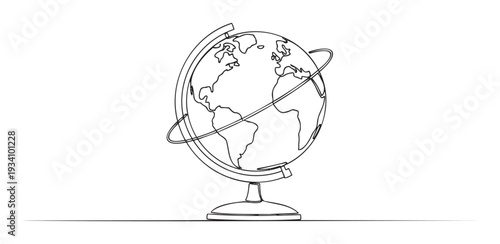 One continuous line drawing of a world globe on a stand with an orbiting path, symbolizing global connection and adventure, ideal for educational content, travel planning, or business