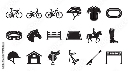 Comprehensive collection of cycling and equestrian sport equipment and activity silhouette icons perfect for various graphic design, educational resources, and user interface applications