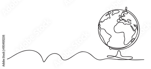 Continuous line drawing of a world globe with continents on a stand, symbolizing global connectivity and learning, ideal for education materials, travel agency promotions, and international