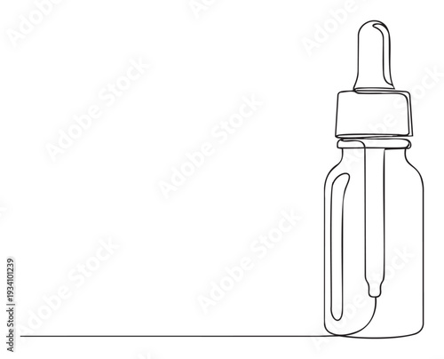 Minimalist continuous line drawing of a cosmetic or pharmaceutical dropper bottle with a pipet, perfect for showcasing essential oil packaging and liquid medicine solutions.