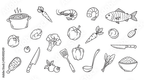 Collection of hand drawn black and white food ingredients and kitchen tools perfect for cooking blogs, restaurant menus, recipe cards, and culinary themed promotions.