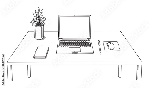A simple black and white line drawing of a tidy workspace setup featuring a laptop, a potted plant, a notebook, a pen, and a computer mouse on a desk, ideal for business and education