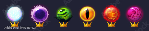 Magic UI. Icon glowing ball. Mystical fantasy sphere. Witchcraft orb, fantasy energy, natural elemental effects. Cartoon fortune telling in game. Vector energy isolated elements crystal balls set