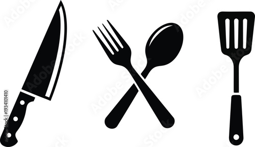 Black kitchen utensils knife fork spoon spatula icons on white