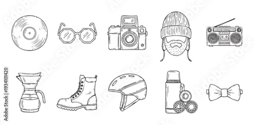 Line illustration set featuring diverse lifestyle essentials like a vinyl record, vintage camera, boombox, coffee pourover brewer, and outdoor gear for a modern consumer and hobby themed