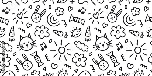 Seamless pattern of cute kids doodle elements. Hand drawn fun childish print. Vector line illustration