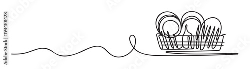 Minimalist continuous line drawing of a dish drying rack filled with plates and cutlery, ideal for kitchen themed projects, home organization blogs, or simple graphic content.