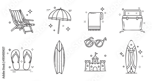 A comprehensive set of outline line icons representing essential beach and summer vacation items perfect for travel themed graphic designs and holiday applications