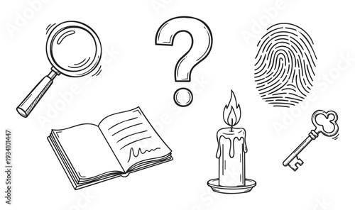 Collection of hand drawn mystery and investigation elements including a magnifying glass, question mark, fingerprint, open book, candle, and key, ideal for themes of discovery and problem
