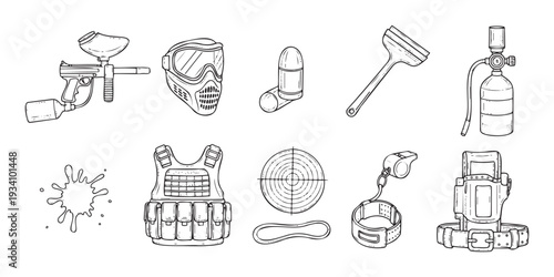 A collection of essential paintball equipment, including markers, masks, vests, and air tanks, providing comprehensive imagery for sports promotions, game guides, and active lifestyle