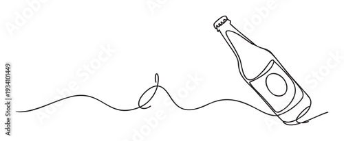 Minimalist continuous line drawing of a beer bottle with a flowing wave, perfect for beverage advertisements, drink menus, packaging designs, or web graphics and print material.