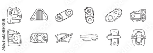 Collection of automotive components and essential vehicle parts depicted in line drawings ideal for instructional materials car repair guides or garage service advertisements