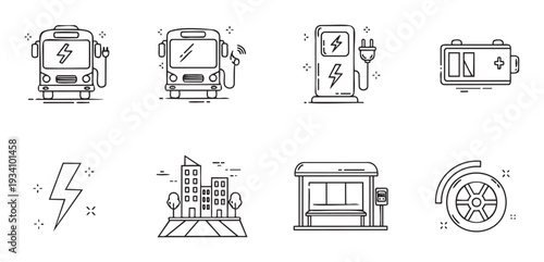 Modern electric transportation and urban infrastructure outline icons representing sustainable public mobility solutions and ecofriendly city development projects