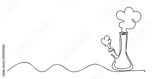 Minimalistic single line drawing featuring a laboratory flask emitting smoke with a continuous wavy line representing scientific experiment and chemical research concepts.