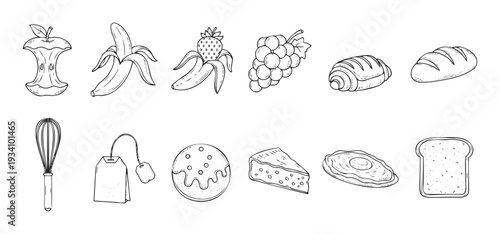 Assortment of hand drawn food ingredients and kitchen utensil outlines for cookbook recipes bakery shop menus and healthy eating blogs