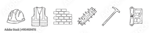 Outlined drawings of essential construction items safety helmet, work vest, bricks, nailed wood, claw hammer, and building blueprint for engineering and architectural project visuals.