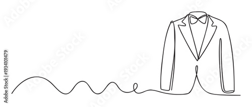 Elegant continuous line drawing of a classic formal suit jacket with a bow tie, ideal for stylish event invitations, fashion branding, menswear promotions, or sophisticated wedding