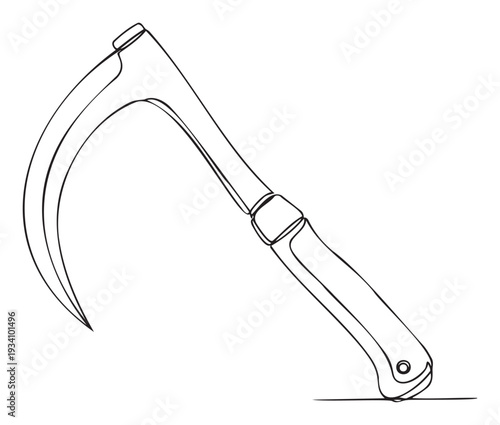 Simple one line drawing depicting a traditional farm tool, a sickle, perfect for agricultural themed educational materials, gardening blogs, or vintage farming projects.
