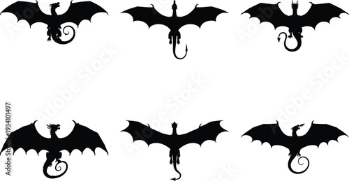 Set of six distinct black silhouette dragon illustrations showcasing different flying postures and wing spans.
