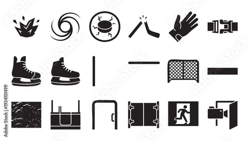 Collection of black silhouette vector icons including ice hockey equipment, safety signs, security features, and general graphic elements perfect for sports, web, and informational content.