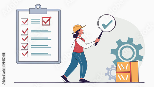 Quality control engineer inspecting checklist with magnifying glass